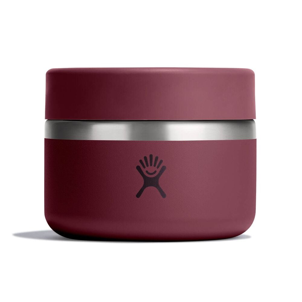 Maroon Hydro Flask cylindrical insulated food container with matte finish, brushed stainless-steel band around the middle, and Hydro Flask logo on front.